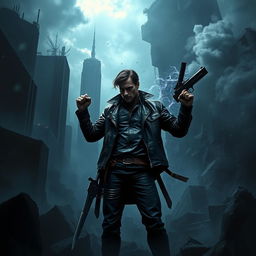 A dark, mysterious landscape depicting a modern world on the brink of collapse, with crumbling skyscrapers and smoky skies