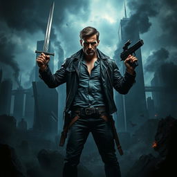 A dark, mysterious landscape depicting a modern world on the brink of collapse, with crumbling skyscrapers and smoky skies