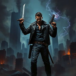 A dark, mysterious landscape depicting a modern world on the brink of collapse, with crumbling skyscrapers and smoky skies