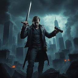 A dark, mysterious landscape depicting a modern world on the brink of collapse, with crumbling skyscrapers and smoky skies