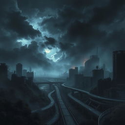 A dark, mysterious landscape capturing the epic feel of a collapsing modern world