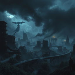 A dark, mysterious landscape capturing the epic feel of a collapsing modern world