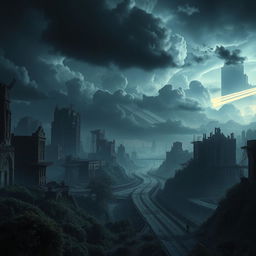 A dark, mysterious landscape capturing the epic feel of a collapsing modern world