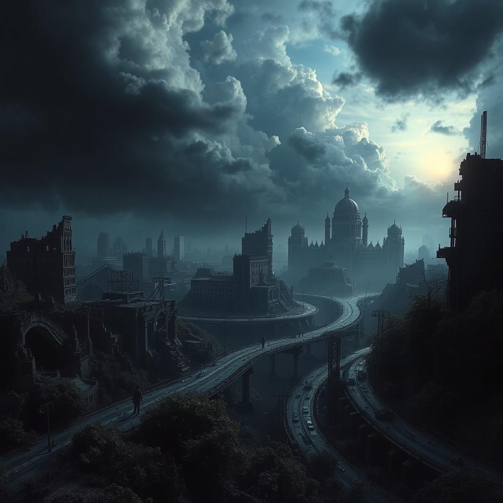 A dark, mysterious landscape capturing the epic feel of a collapsing modern world