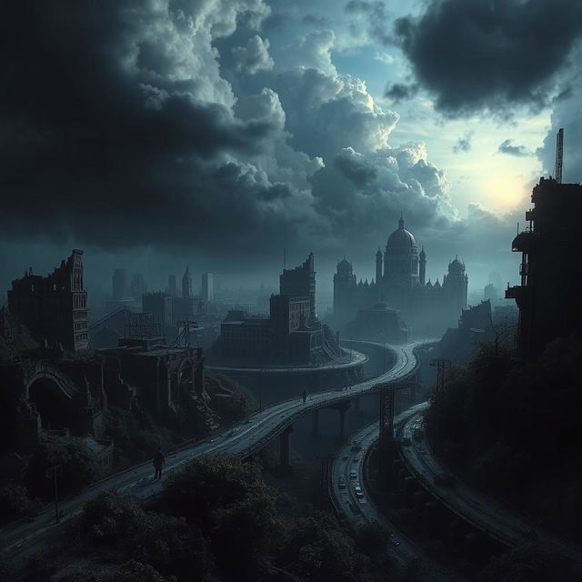 A dark, mysterious landscape capturing the epic feel of a collapsing modern world