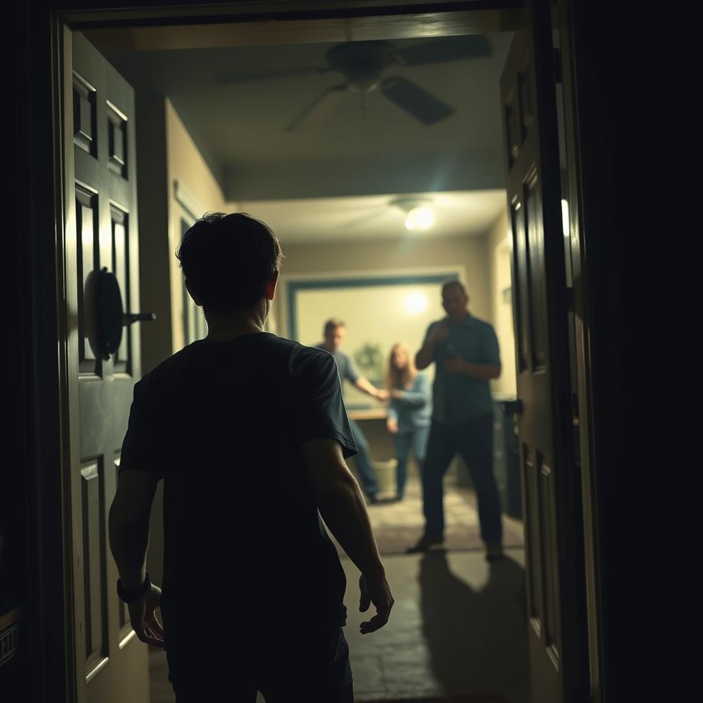 An intense night scene depicting an 18-year-old young man fleeing through the back door of a house, clearly distressed and terrified, as he looks back at the tragic scene