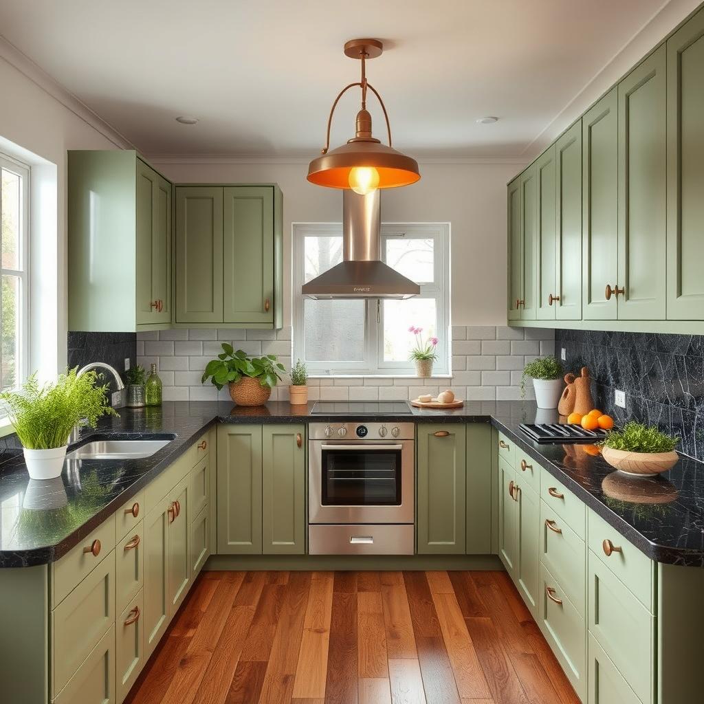 A modern organic kitchen featuring black textured marble countertops, sage green cabinets, and wood flooring, designed with a retro 1970s twist