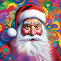 A vibrant portrait of Santa Claus with a swirling, colorful, kaleidoscope-like background.