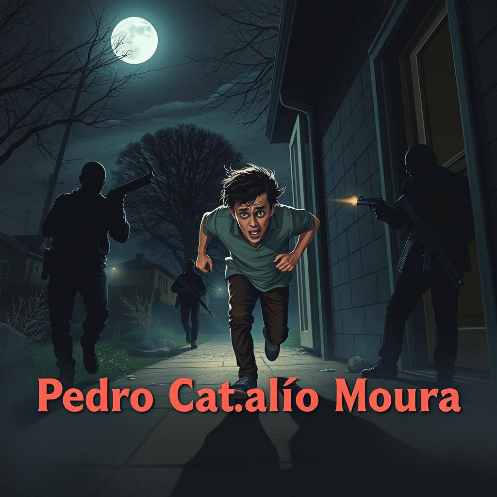 An intense and dramatic scene set at night, showcasing a young man, 18 years old, sprinting out from a back house door with a terrified expression