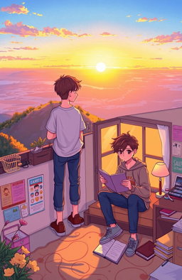 A heartwarming scene depicting two teenagers who are separated by distance but connected by their feelings