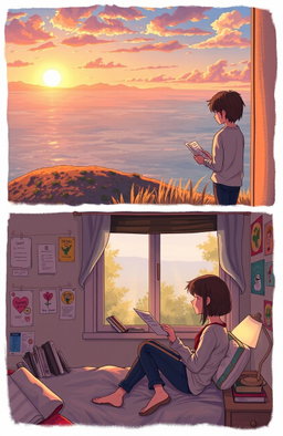 A heartwarming scene depicting two teenagers who are separated by distance but connected by their feelings