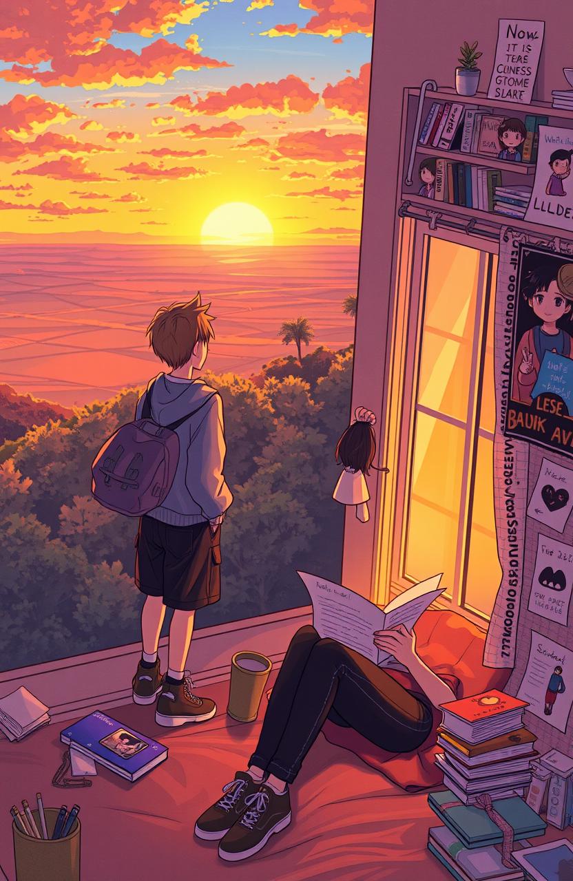 A heartwarming scene depicting two teenagers who are separated by distance but connected by their feelings
