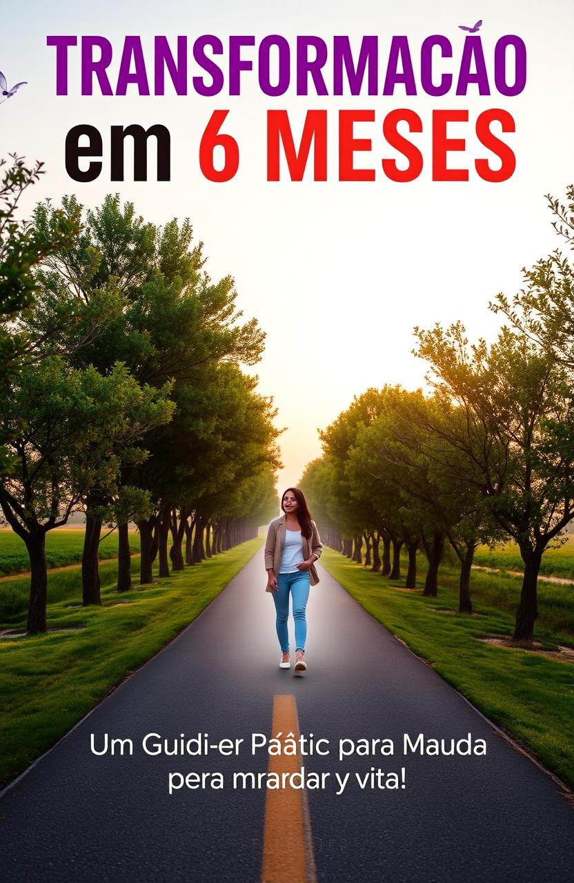 A visually engaging cover image for a self-help book titled 'Transformação em 6 Meses: Um Guia Prático para Mudar de Vida'