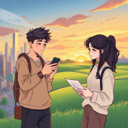 A poignant illustration of two teenagers separated by cities, showcasing their unique environments