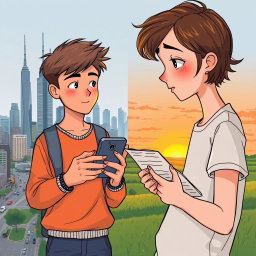 A poignant illustration of two teenagers separated by cities, showcasing their unique environments