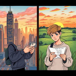 A poignant illustration of two teenagers separated by cities, showcasing their unique environments