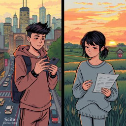A poignant illustration of two teenagers separated by cities, showcasing their unique environments