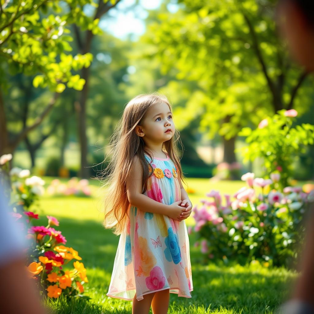 A young girl standing at a distance, gazing admirably at someone in the foreground