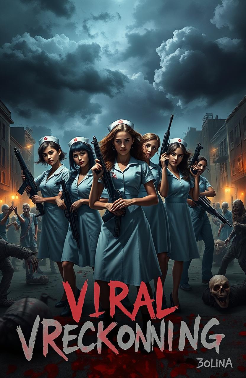 A dramatic scene depicting seven brave nurses in a post-apocalyptic setting, armed with guns, standing resolutely against a horde of menacing zombies