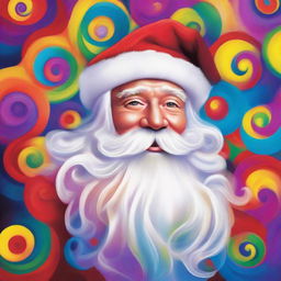 A vibrant portrait of Santa Claus with a swirling, colorful, kaleidoscope-like background.