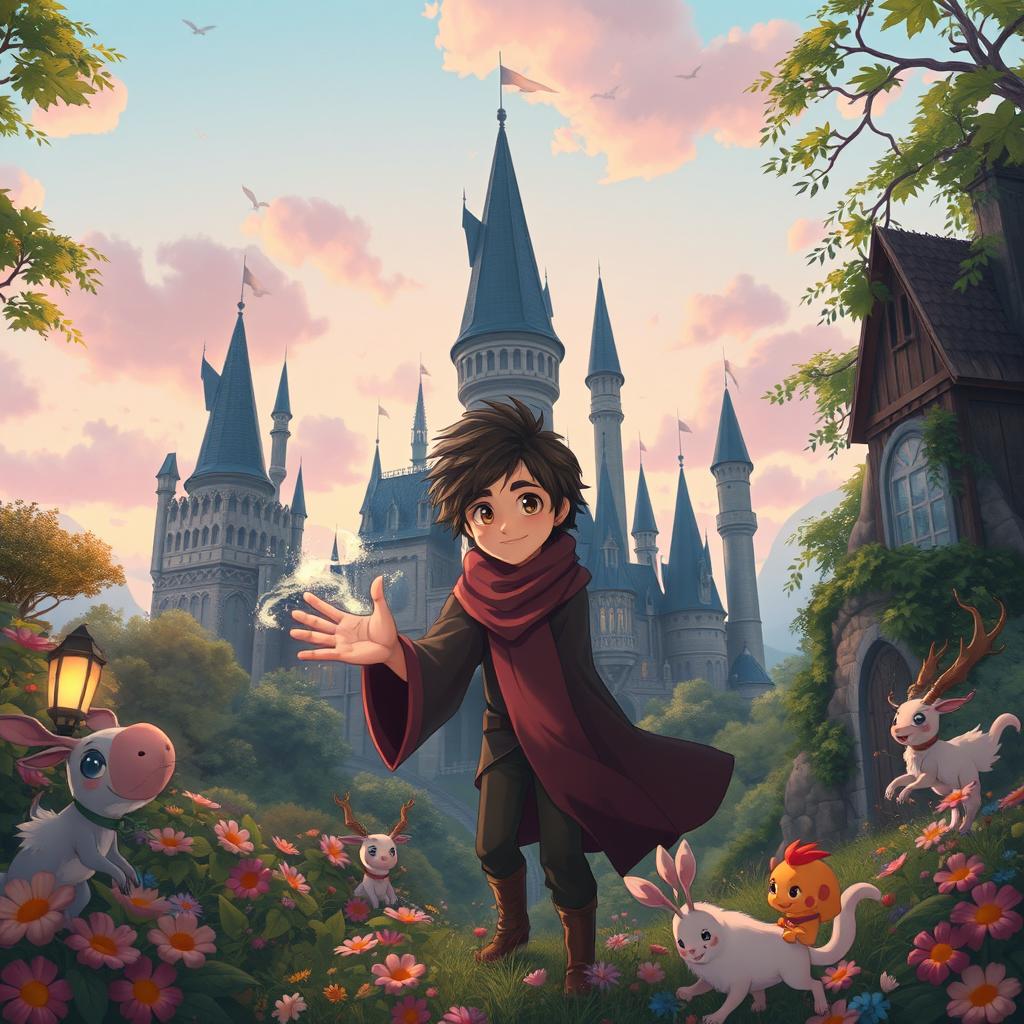 A magical scene inspired by the Harry Potter universe infused with Studio Ghibli's enchanting art style