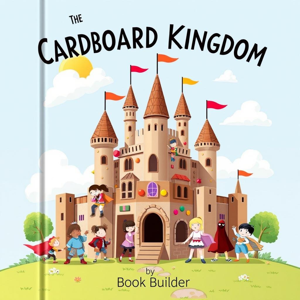 A whimsical and colorful book cover design for 'The Cardboard Kingdom' by Box Fort Builder