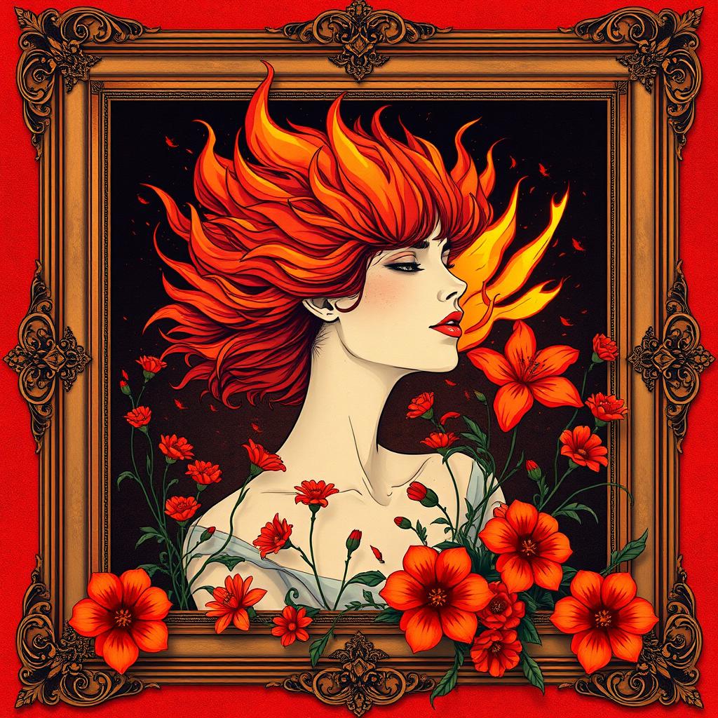 An illustrated female portrait encased in an ornate frame