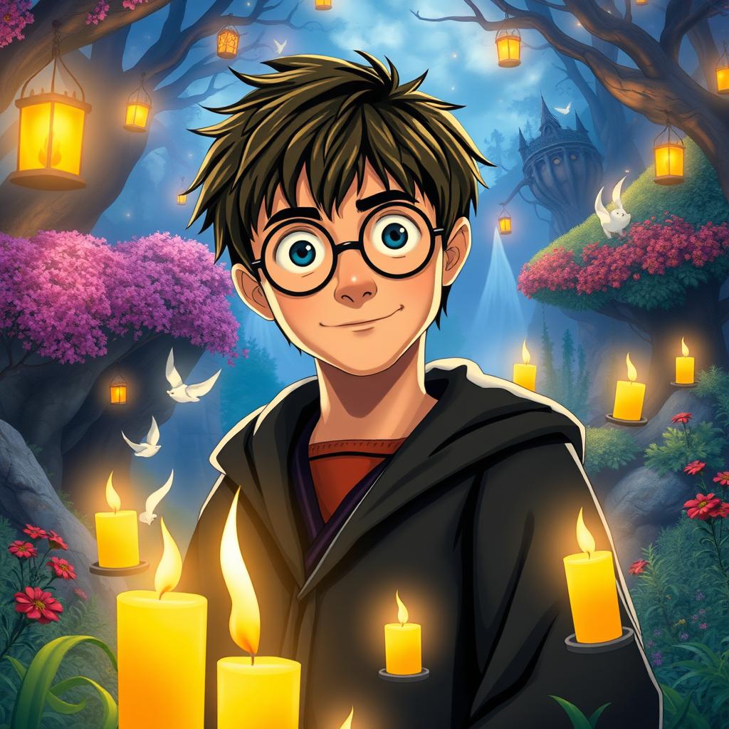 A magical scene featuring Harry Potter in the enchanting style of Studio Ghibli, showcasing him with his iconic round glasses, lightning-shaped scar, and wearing a Hogwarts robe, surrounded by whimsical elements like floating candles, cute magical creatures, and lush, vibrant landscapes inspired by Ghibli films