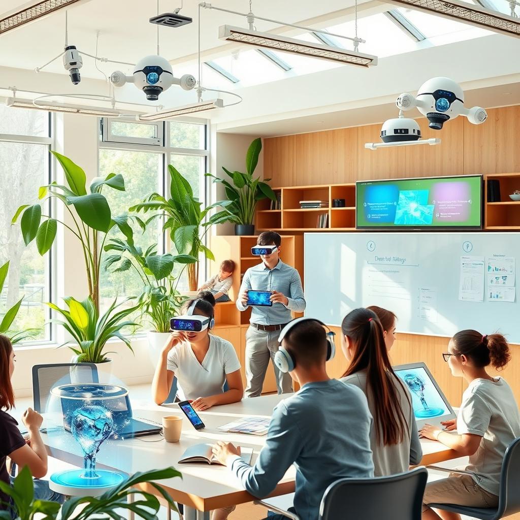 A futuristic classroom scene showcasing various innovative learning technologies and methods