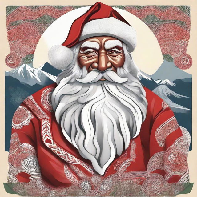 Santa Claus in a unique New Zealand style, featuring Maori cultural elements.