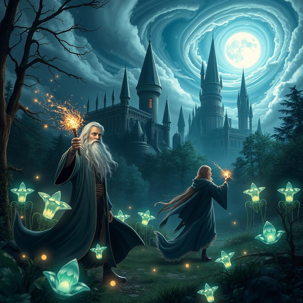 A magical scene featuring characters inspired by a fantasy world similar to Harry Potter, set in an enchanted forest with luminescent flora glowing softly