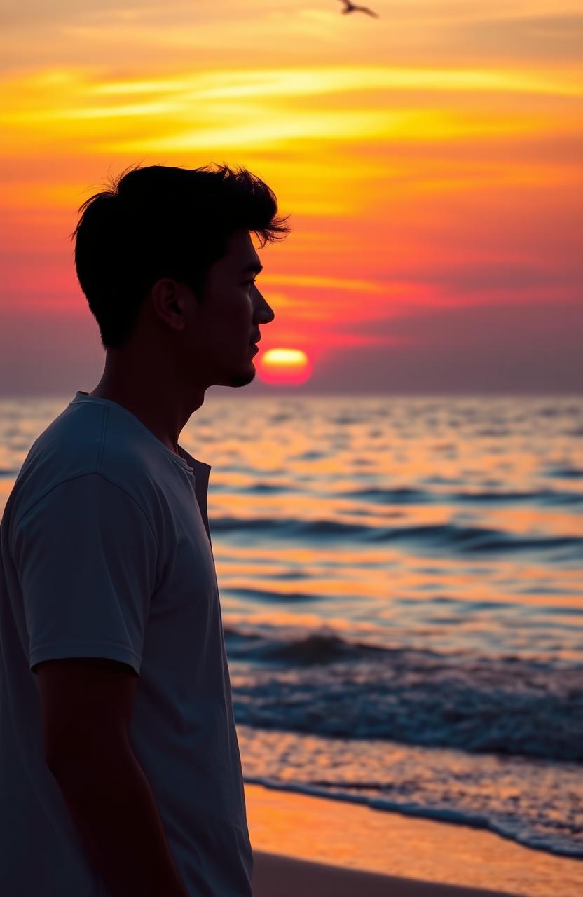 A romantic and emotional scene depicting a man standing on a serene beach at sunset, gazing thoughtfully at the horizon