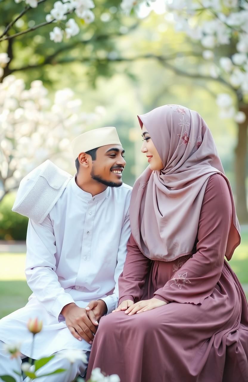 A heartwarming scene depicting a young Muslim man and woman sharing a moment of deep connection and understanding