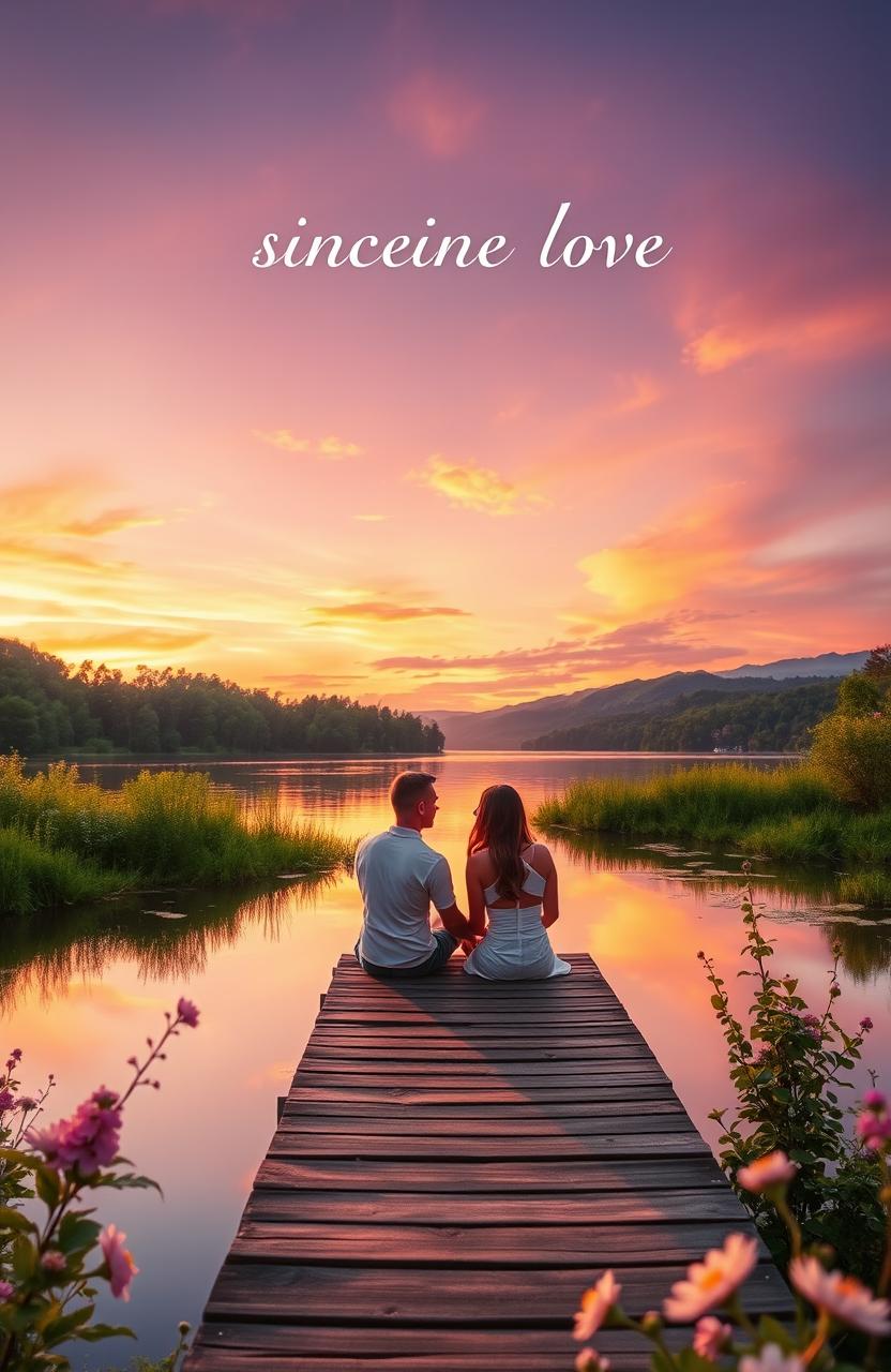 A serene and inspiring landscape depicting the theme of sincere love, featuring a beautiful sunset over a tranquil lake