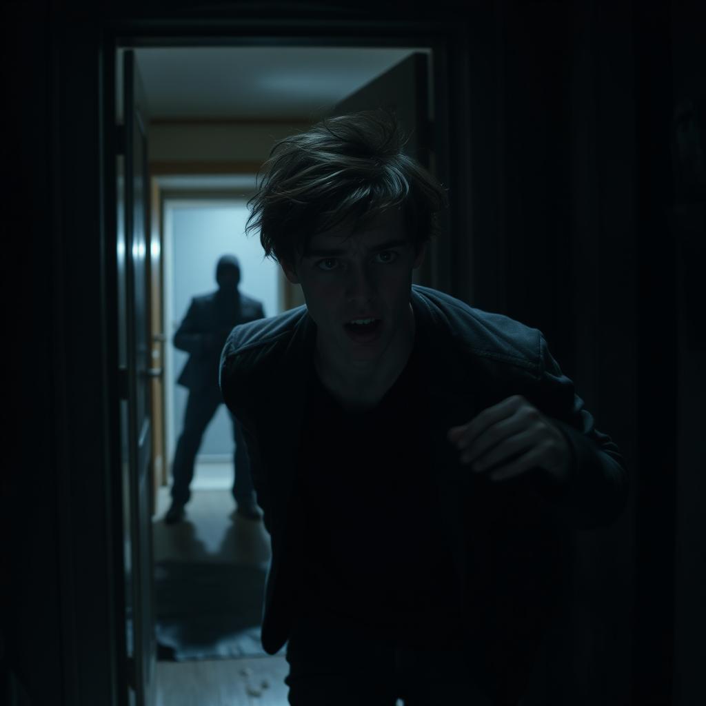 An intense, dramatic scene set at night depicting a young man, 18 years old, fleeing through a dimly lit back door