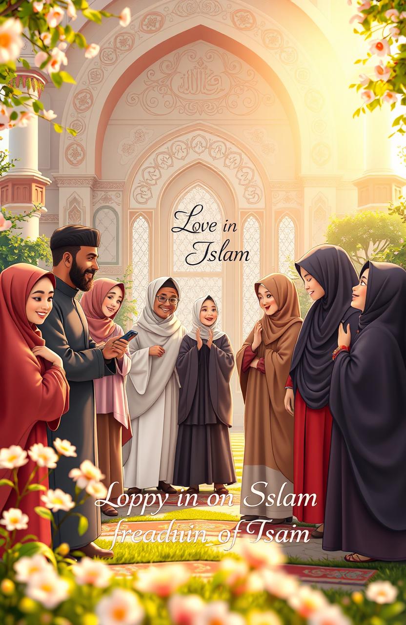 A beautiful and serene scene depicting the theme of love in Islam, featuring a diverse group of Muslim individuals dressed in traditional attire, engaged in various acts of kindness and compassion towards each other