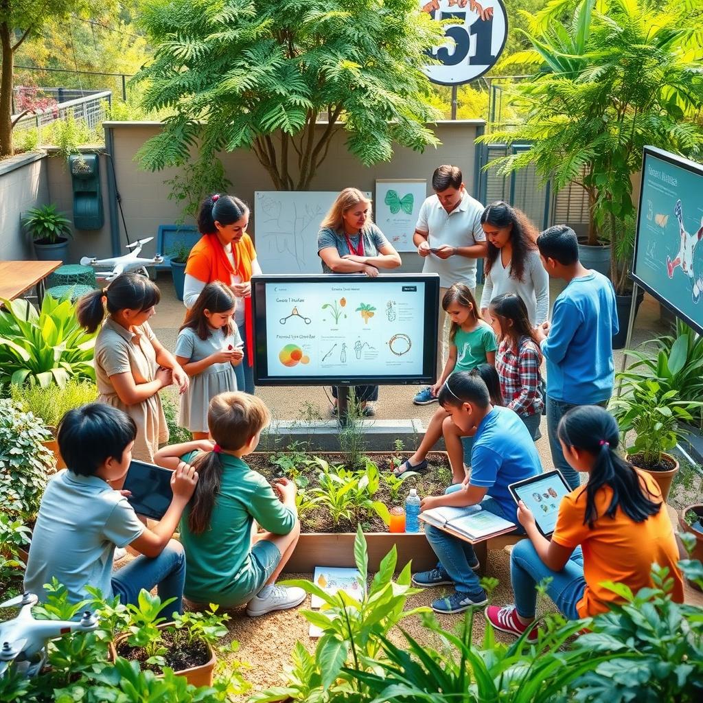 An inspiring and vibrant scene illustrating innovative teaching strategies beyond the traditional classroom in the 21st century