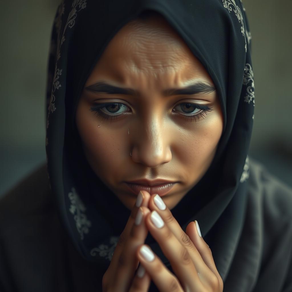A poignant portrayal of a Muslim woman crying, reflecting deep emotion and strength