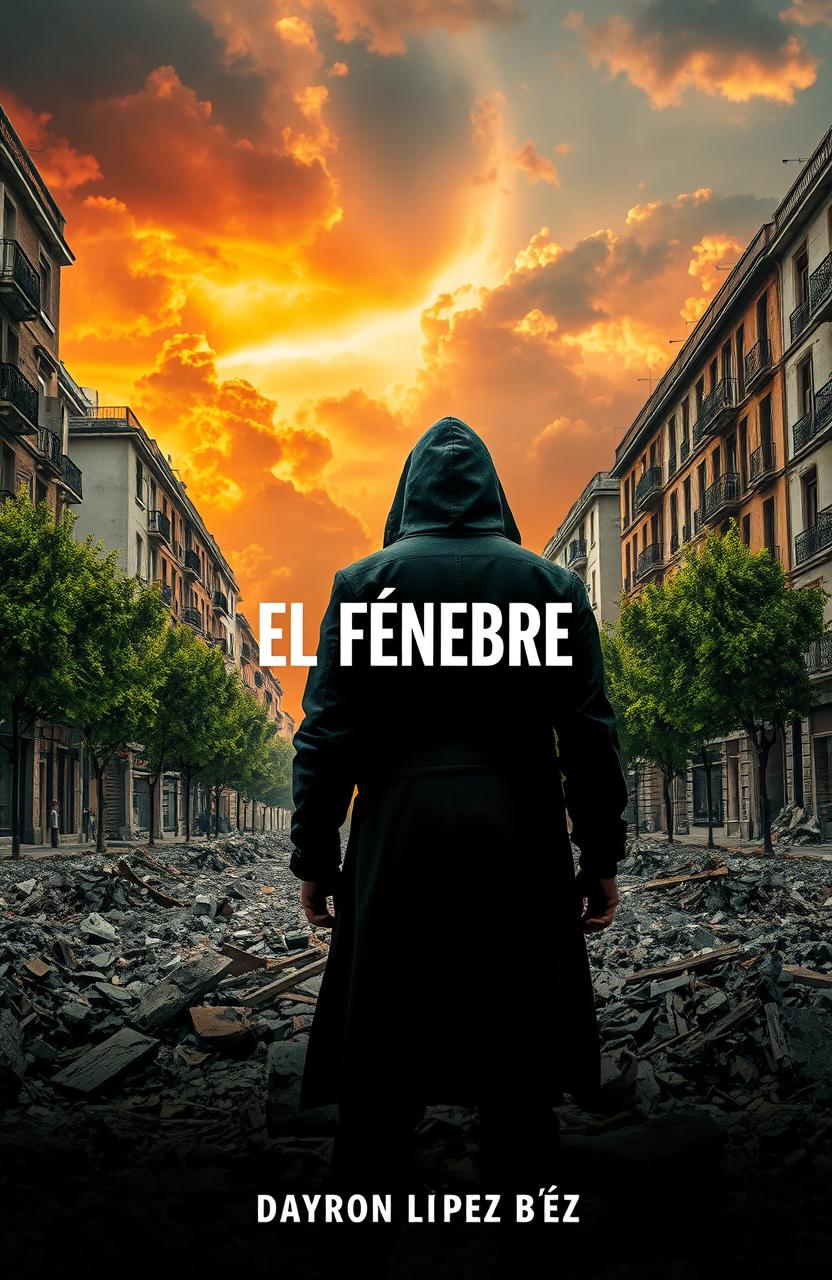 A hooded man standing amidst rubble in a destroyed European city