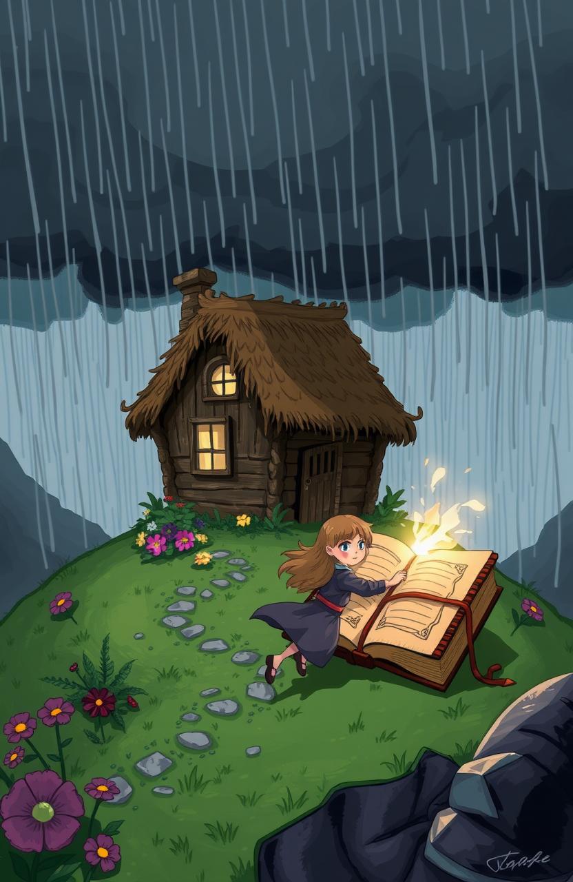 A whimsical scene depicting a small, charming house perched on a green hill during a rainy day