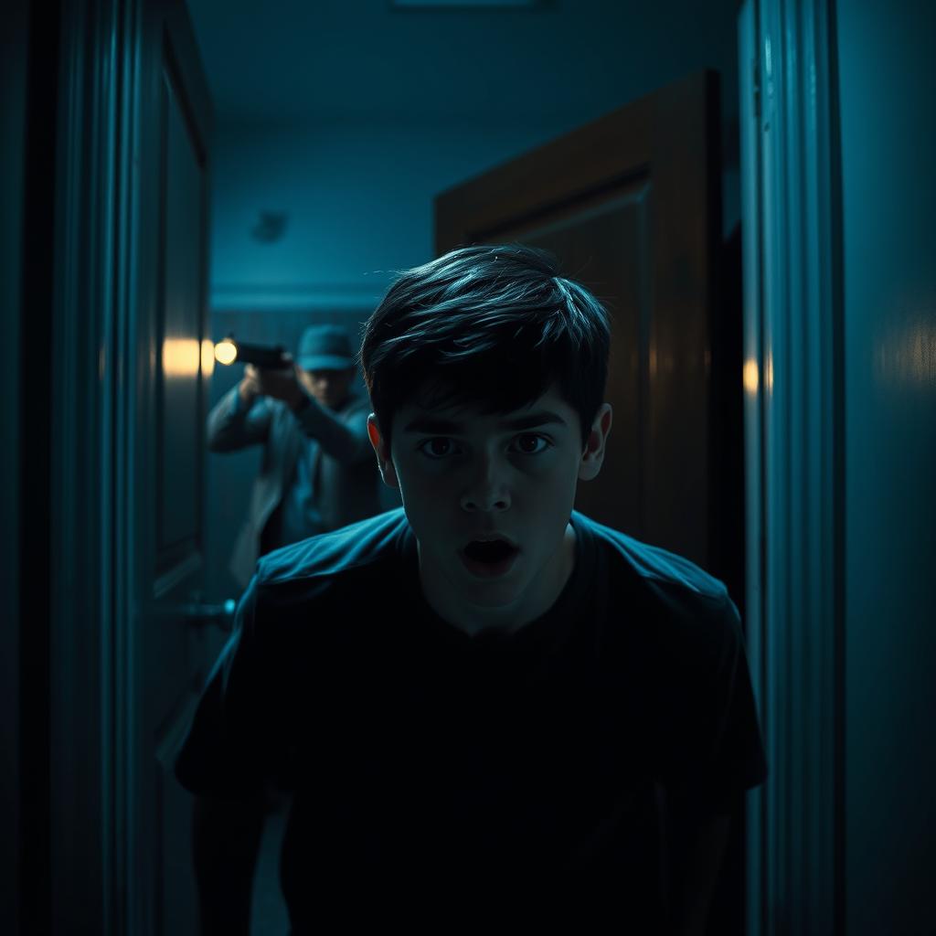 A dramatic and intense scene set at night, featuring a rectangular composition with a dark, ominous background