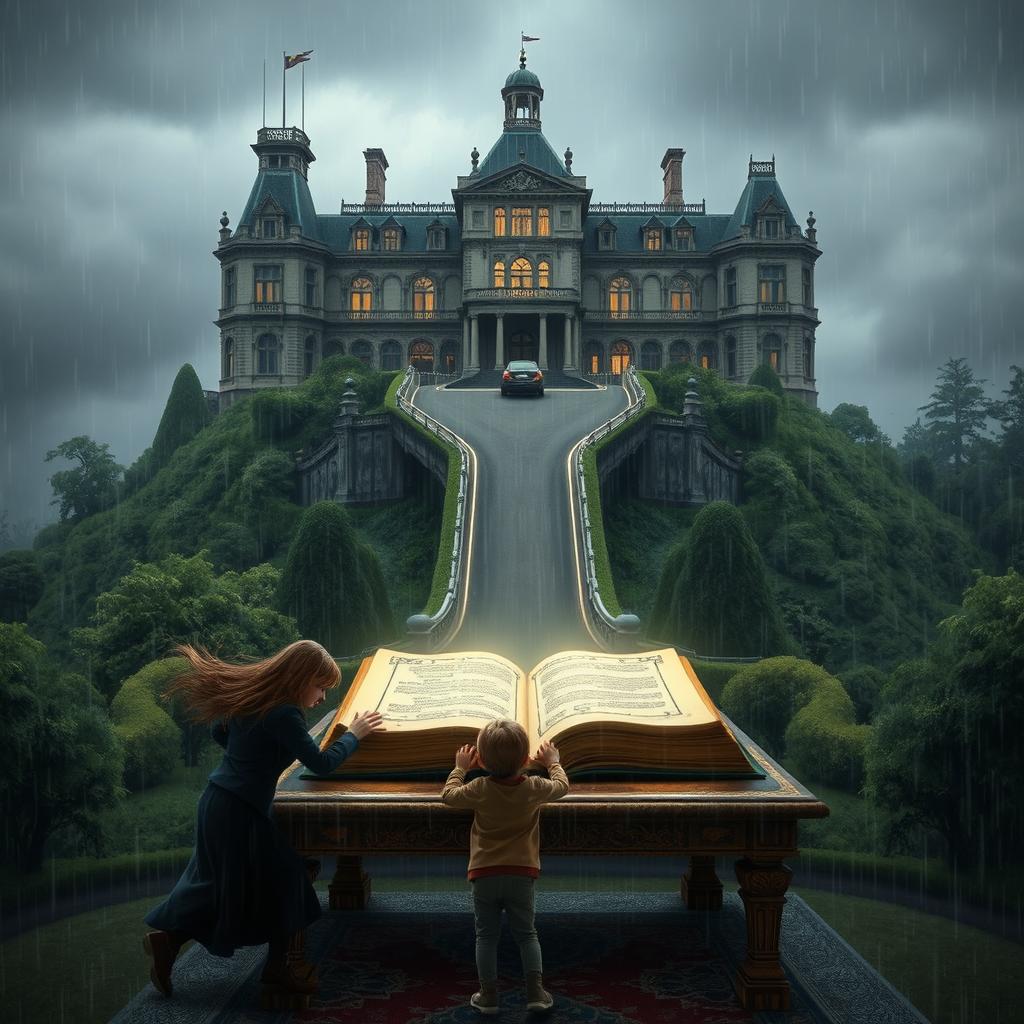 An expansive scene featuring a grand mansion perched atop a long, towering hill