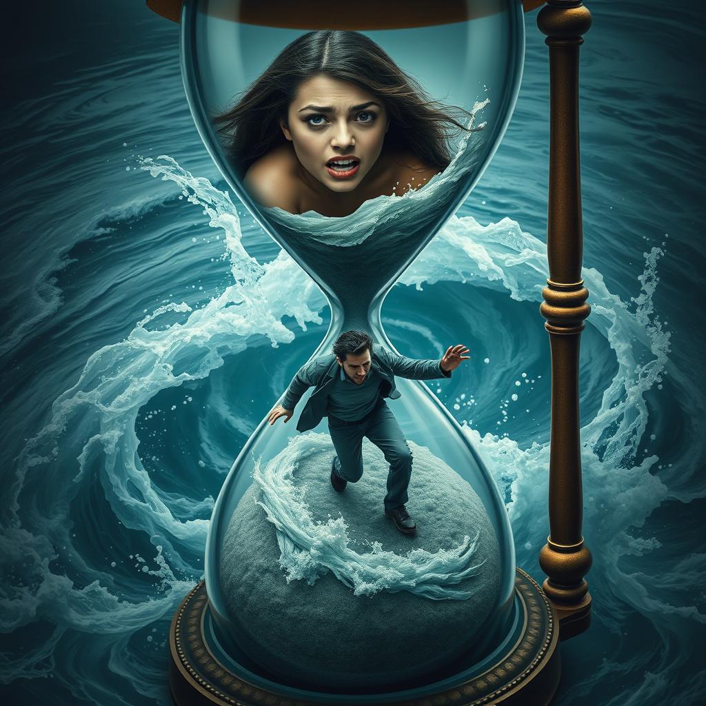 A striking hourglass scene featuring a woman desperately trying to drown in a turbulent river on the upper side, her face reflecting anguish and despair