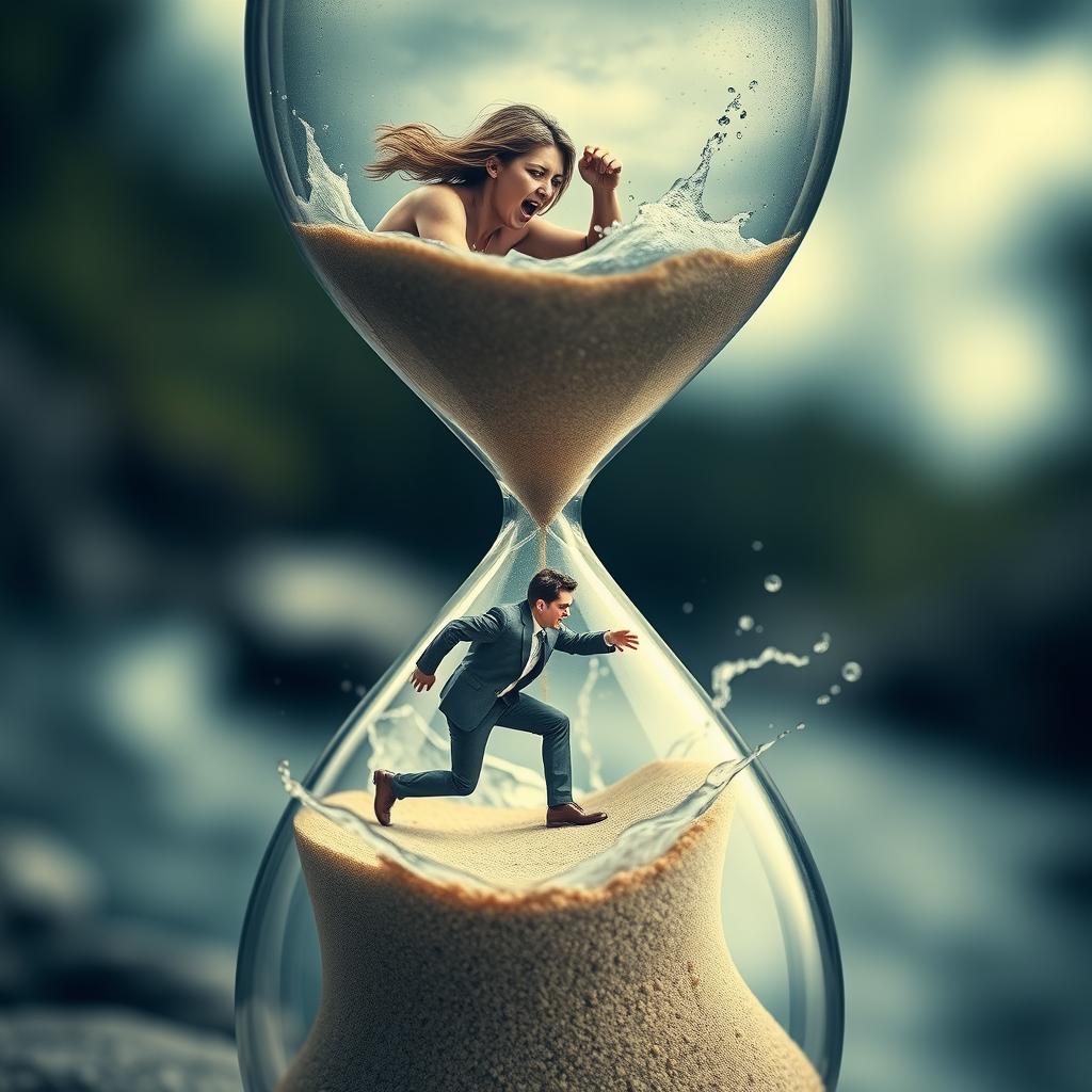 A surreal hourglass scene illustrating a poignant moment where, in the upper half, a woman is struggling in a rushing river, symbolizing her despair as she attempts to drown