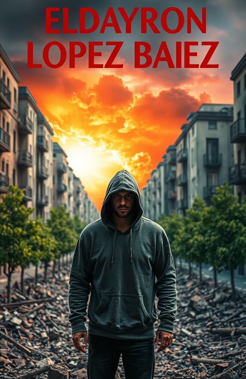 A hooded man standing amidst rubble in a destroyed European city, with a fiery colored sky in the background
