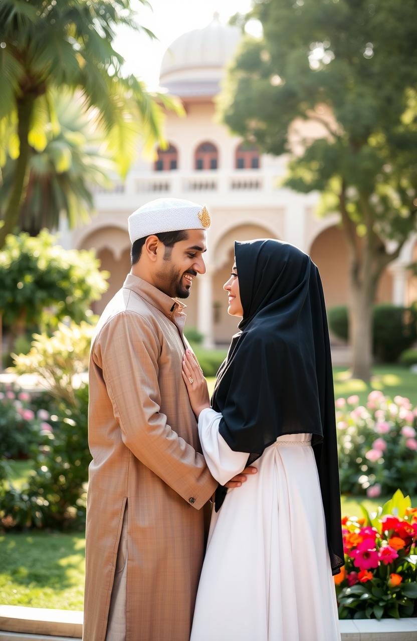 A serene and romantic scene representing a Muslim man and woman expressing their sincere love for each other in Medina