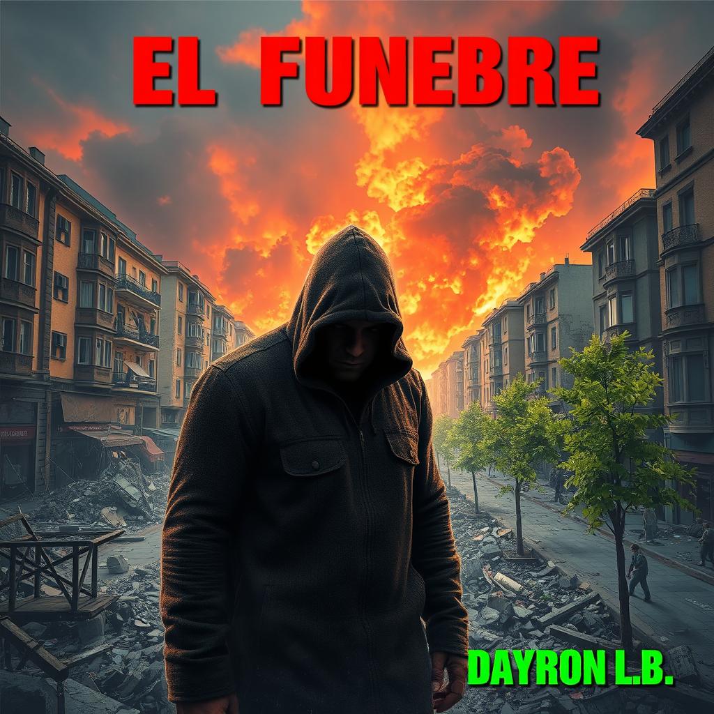 A hooded man surrounded by rubble in a destroyed European city, with a fiery colored sky illuminating the scene