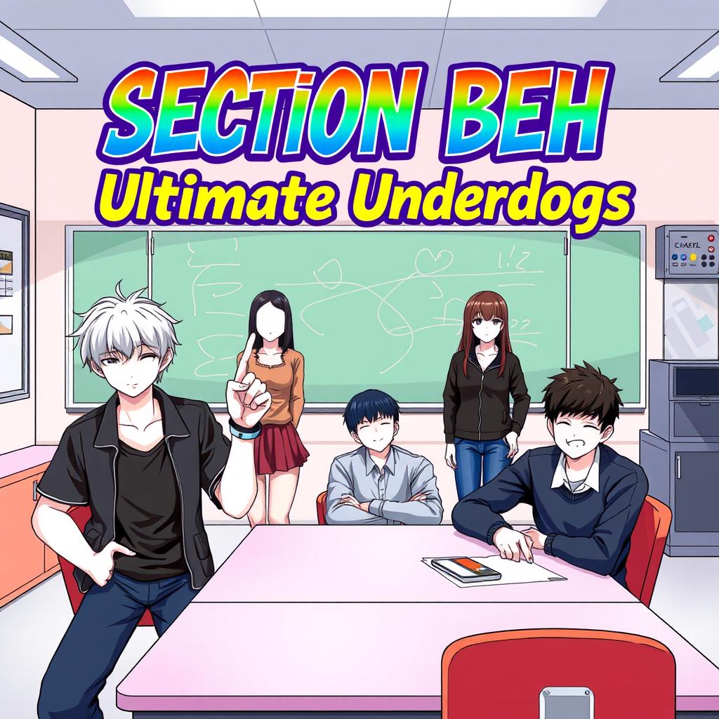 An engaging and colorful anime-style classroom scene featuring 6 faceless students