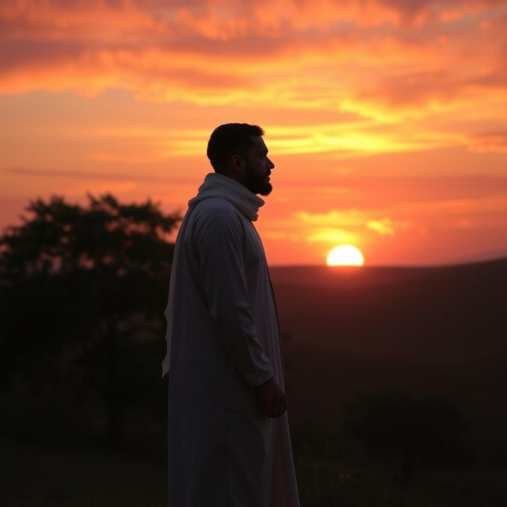 A contemplative scene featuring a Muslim man standing at the edge of a peaceful landscape during sunset