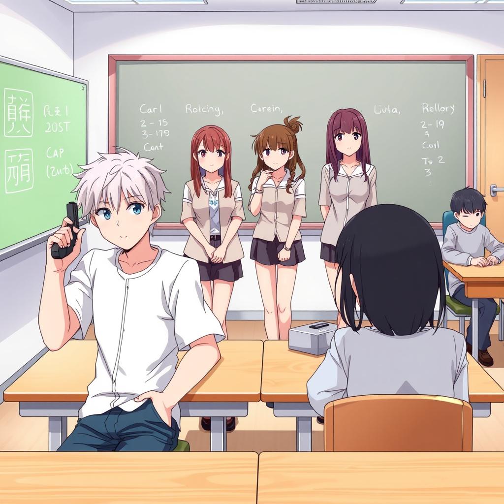 An engaging and colorful anime-style illustration featuring 6 faceless students in a classroom